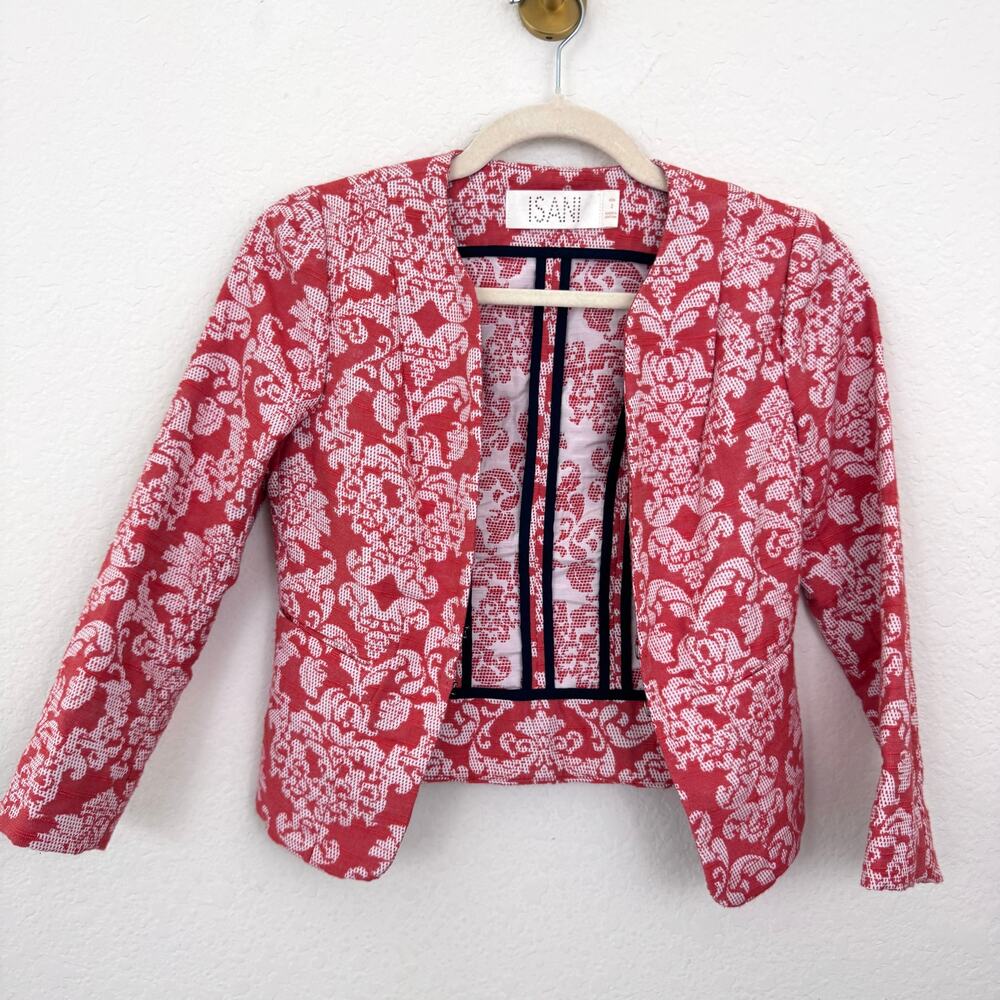 Anthropologie Isani Womens Basile Jacquard Crop Blazer Sz 0 Floral Cotton Blend